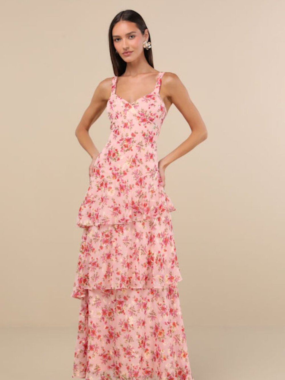 NWT Lulus Laurette Pink Floral Tiered Sleeveless Maxi Dress - Size M